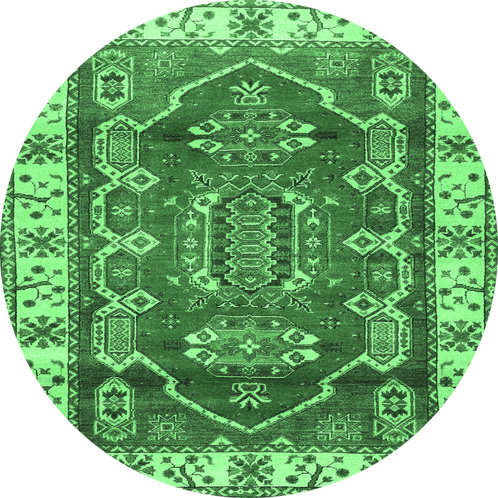 Round Geometric Emerald Green Traditional Rug, tr2720emgrn