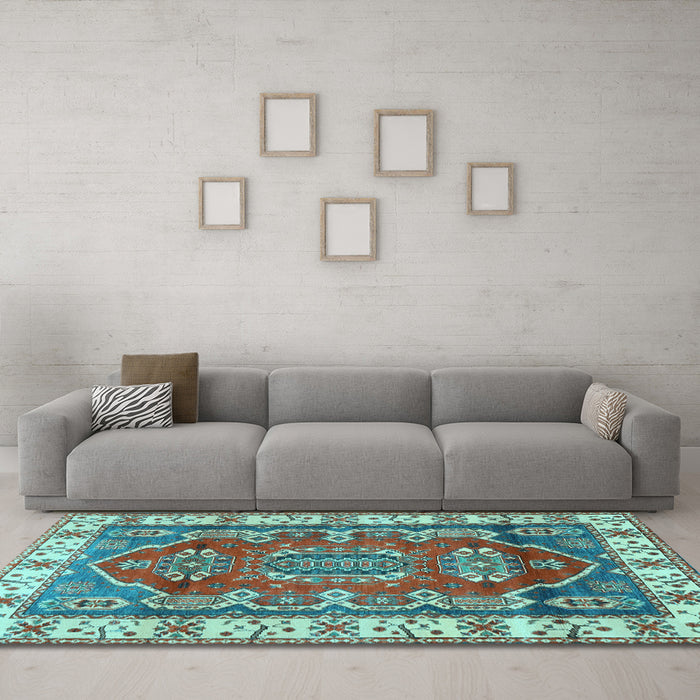 Machine Washable Geometric Light Blue Traditional Rug in a Living Room, wshtr2720lblu