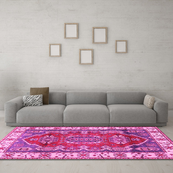 Machine Washable Geometric Pink Traditional Rug in a Living Room, wshtr2720pnk