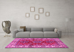 Machine Washable Geometric Pink Traditional Rug in a Living Room, wshtr2721pnk