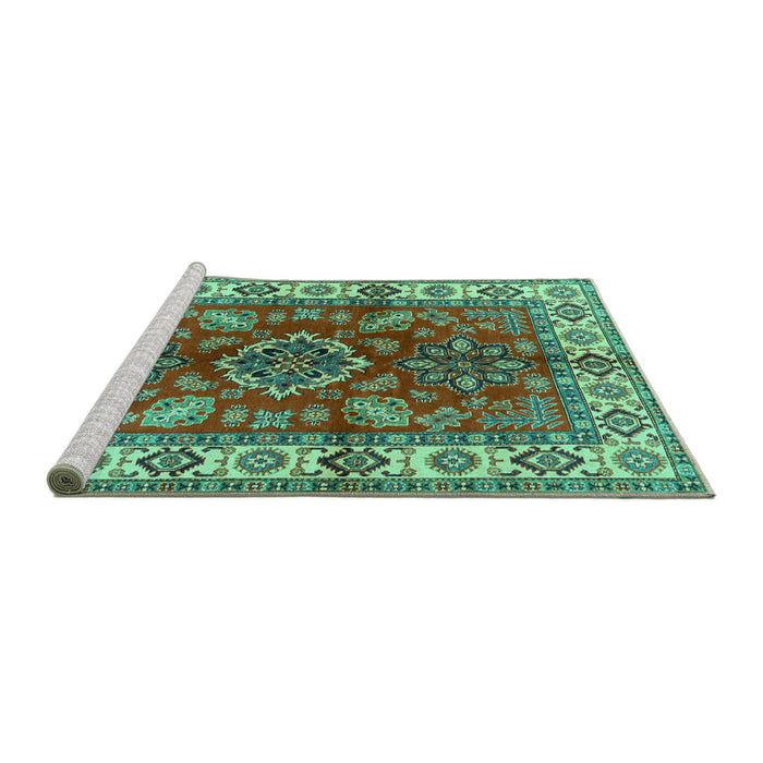 Sideview of Machine Washable Geometric Turquoise Traditional Area Rugs, wshtr2721turq