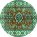 Round Machine Washable Geometric Turquoise Traditional Area Rugs, wshtr2721turq