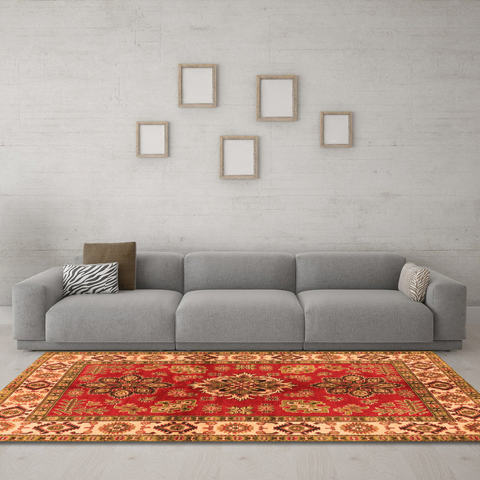 Machine Washable Geometric Orange Traditional Area Rugs in a Living Room, wshtr2721org