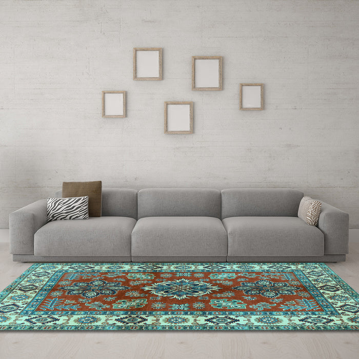 Machine Washable Geometric Light Blue Traditional Rug in a Living Room, wshtr2721lblu
