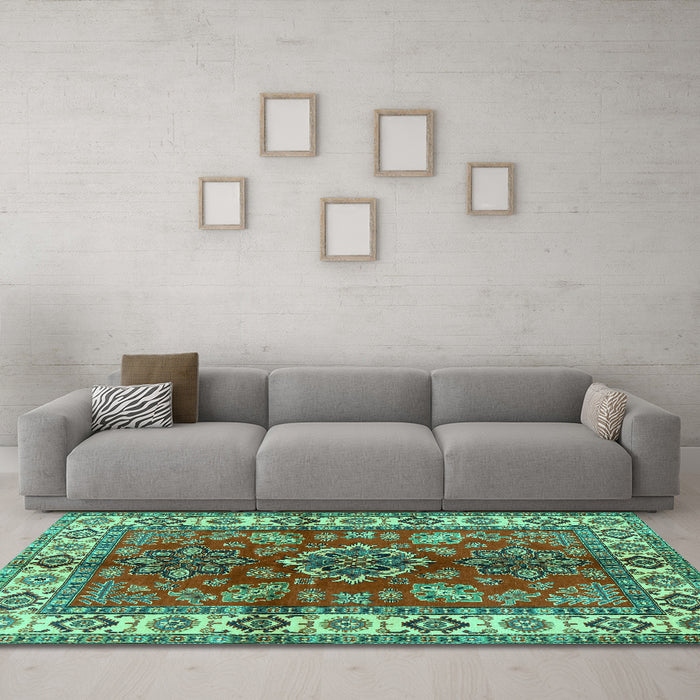 Machine Washable Geometric Turquoise Traditional Area Rugs in a Living Room,, wshtr2721turq