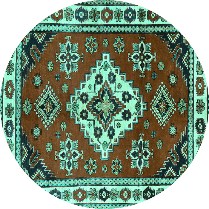 Round Machine Washable Geometric Turquoise Traditional Area Rugs, wshtr2723turq