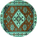 Round Machine Washable Geometric Turquoise Traditional Area Rugs, wshtr2723turq