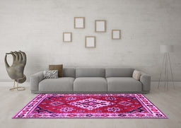 Machine Washable Geometric Pink Traditional Rug in a Living Room, wshtr2723pnk