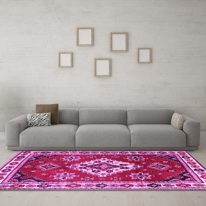 Machine Washable Geometric Pink Traditional Rug in a Living Room, wshtr2723pnk