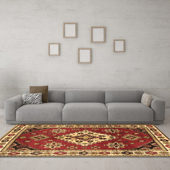 Machine Washable Geometric Brown Traditional Rug in a Living Room,, wshtr2723brn