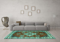 Machine Washable Geometric Turquoise Traditional Rug, wshtr2723turq