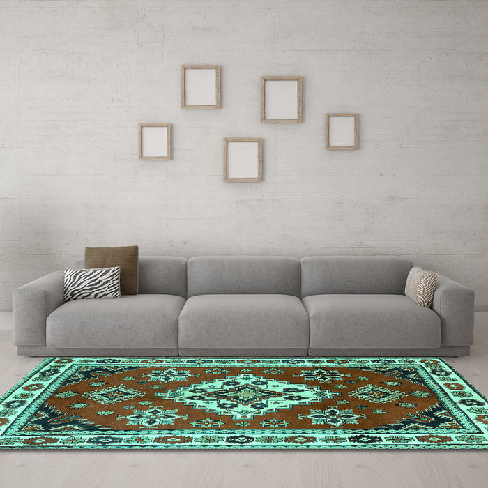 Machine Washable Geometric Turquoise Traditional Area Rugs in a Living Room,, wshtr2723turq