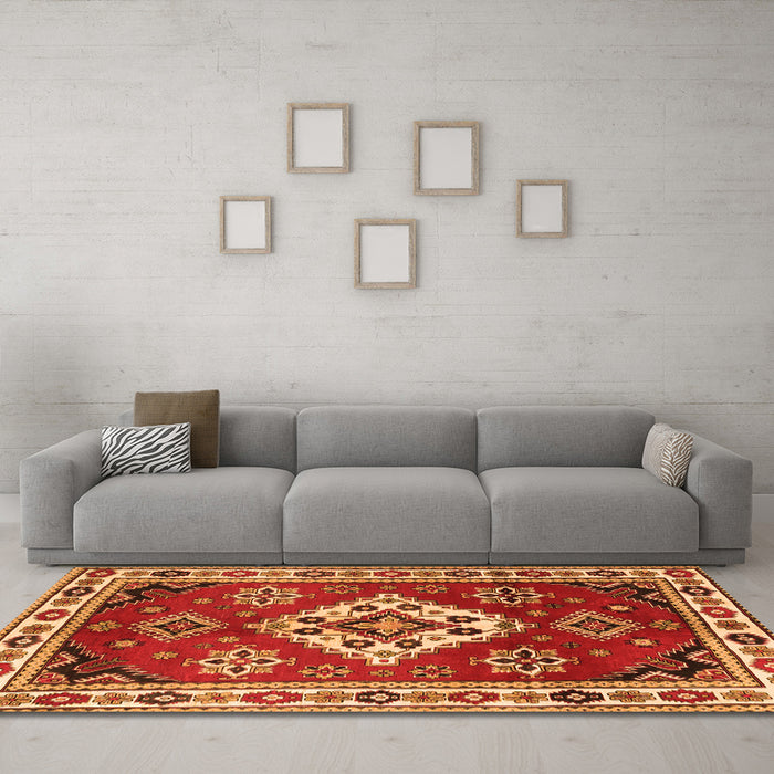 Machine Washable Geometric Orange Traditional Area Rugs in a Living Room, wshtr2723org