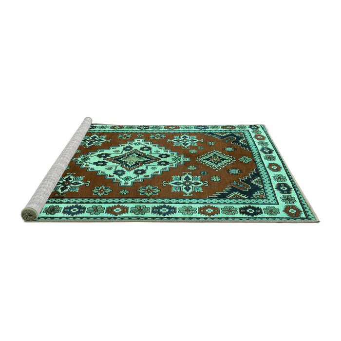 Sideview of Machine Washable Geometric Turquoise Traditional Area Rugs, wshtr2723turq