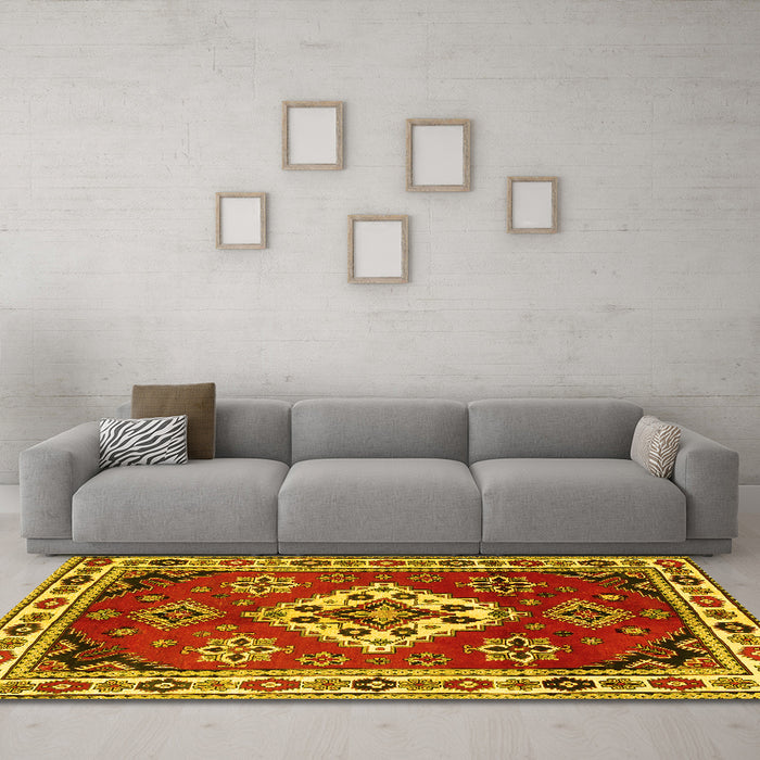 Machine Washable Geometric Yellow Traditional Rug in a Living Room, wshtr2723yw
