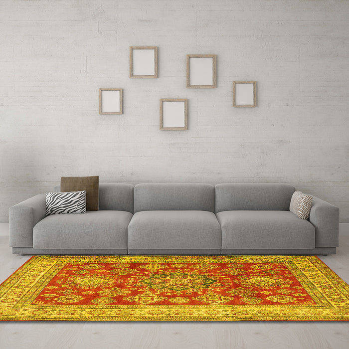 Machine Washable Persian Yellow Traditional Rug in a Living Room, wshtr2724yw