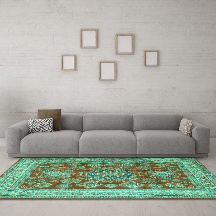 Machine Washable Persian Turquoise Traditional Area Rugs in a Living Room,, wshtr2724turq