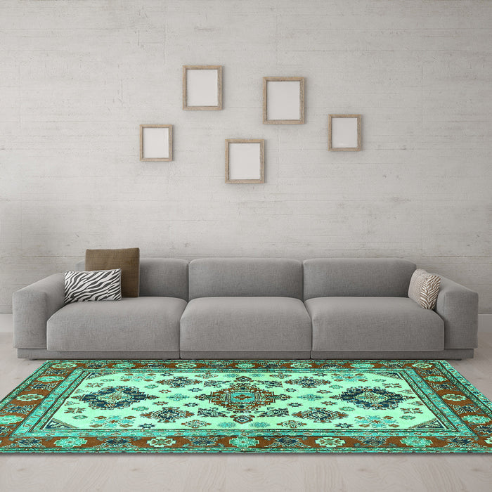 Machine Washable Persian Turquoise Traditional Area Rugs in a Living Room,, wshtr2725turq