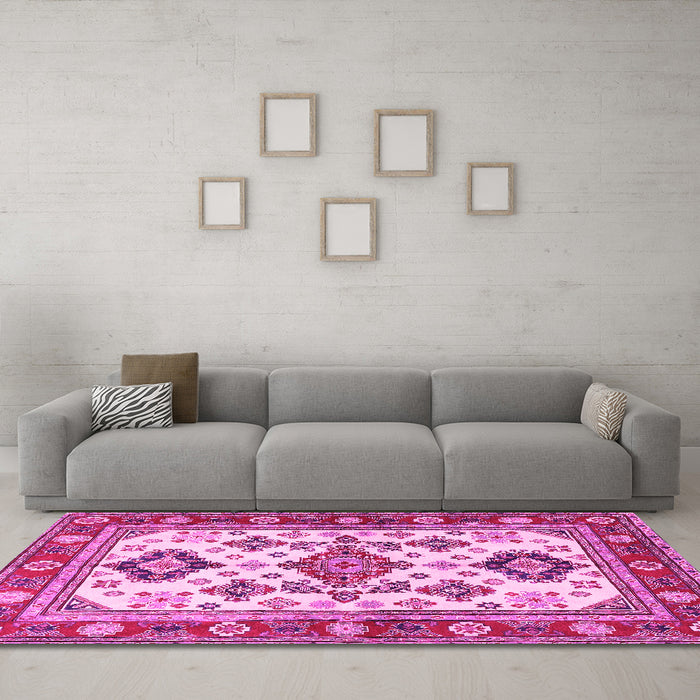 Machine Washable Persian Pink Traditional Rug in a Living Room, wshtr2725pnk