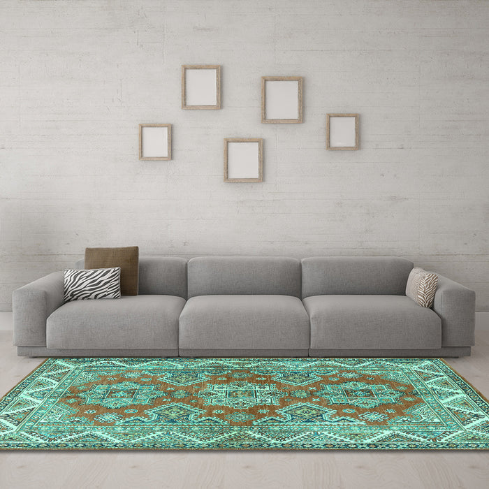 Machine Washable Persian Turquoise Traditional Area Rugs in a Living Room,, wshtr2726turq