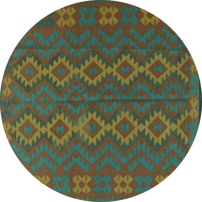 Round Machine Washable Southwestern Turquoise Country Area Rugs, wshtr2727turq