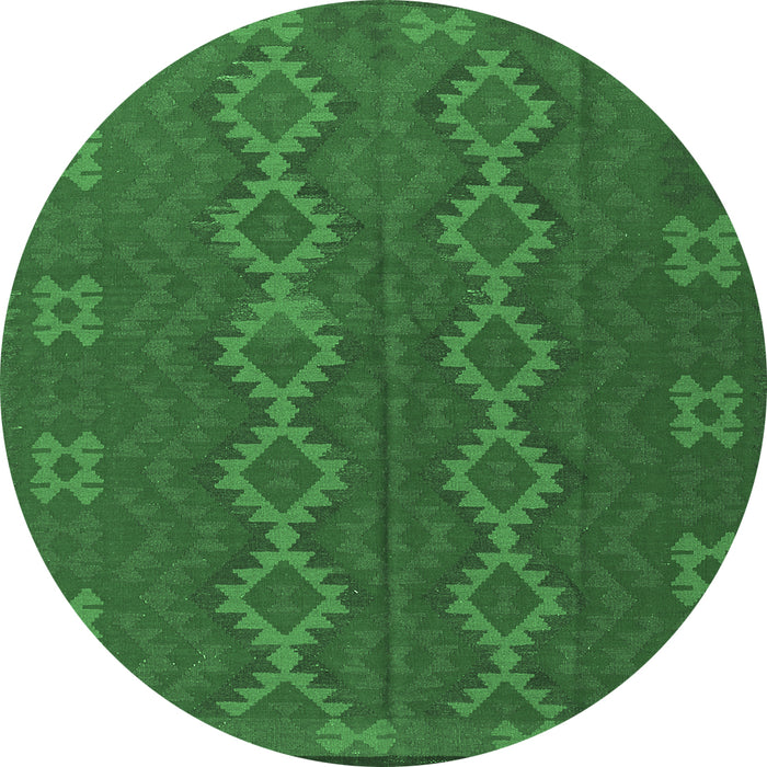 Round Machine Washable Southwestern Emerald Green Country Area Rugs, wshtr2727emgrn