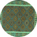 Round Machine Washable Southwestern Turquoise Country Area Rugs, wshtr2728turq