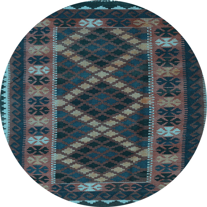 Round Machine Washable Southwestern Light Blue Country Rug, wshtr2729lblu
