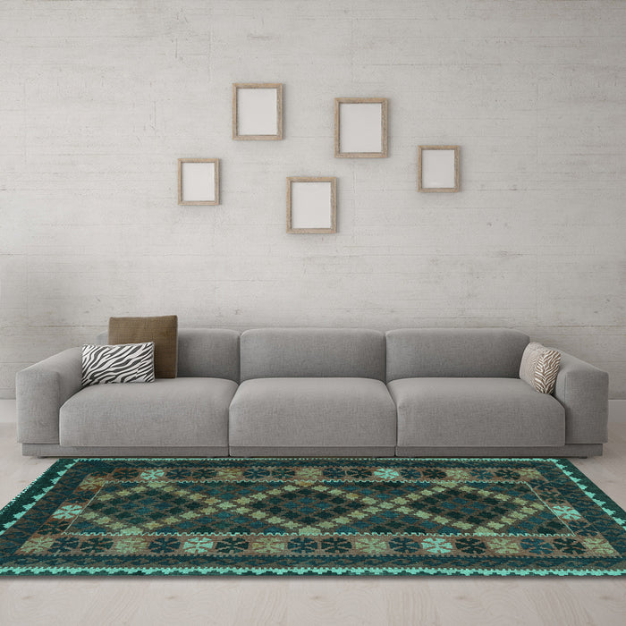 Machine Washable Southwestern Turquoise Country Area Rugs in a Living Room,, wshtr2729turq