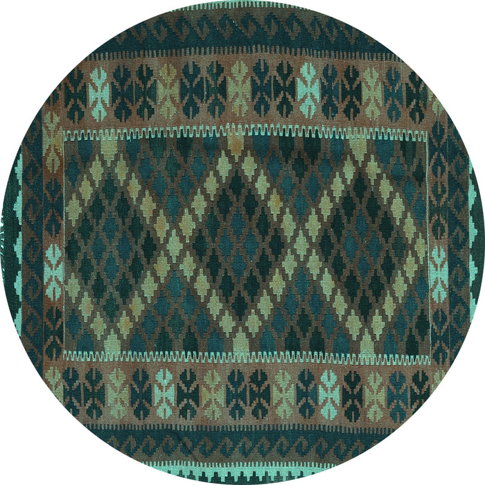 Round Machine Washable Southwestern Turquoise Country Area Rugs, wshtr2729turq