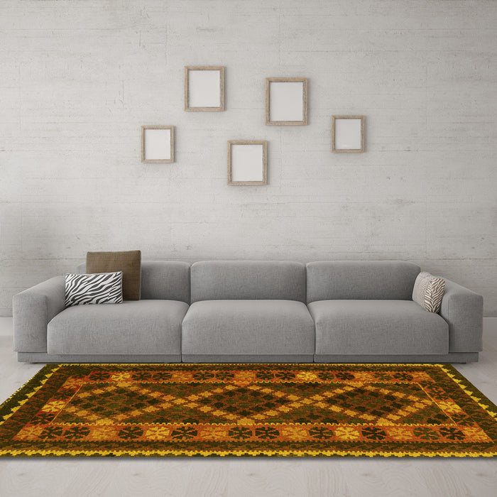 Machine Washable Southwestern Yellow Country Rug in a Living Room, wshtr2729yw