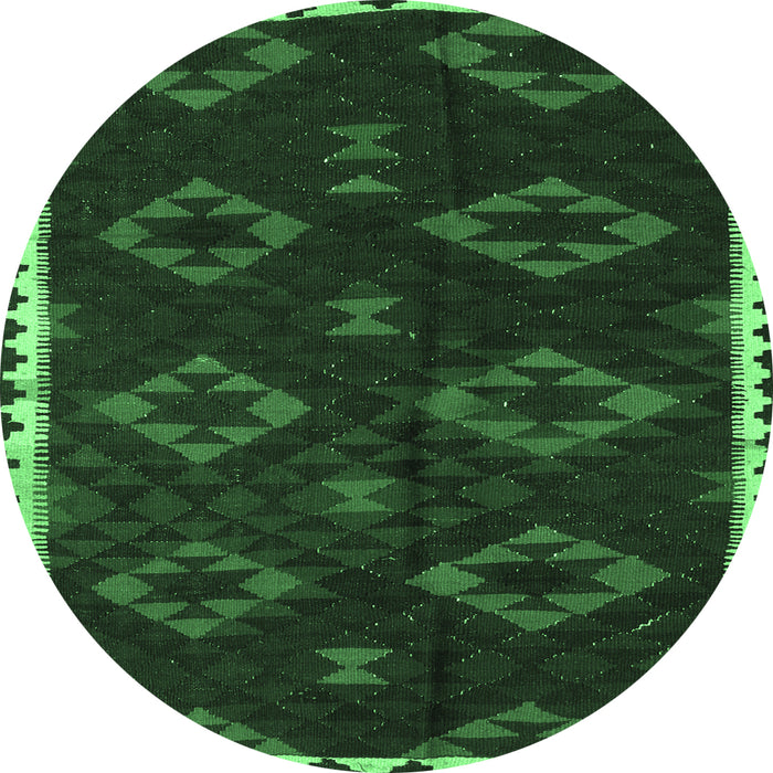 Round Machine Washable Southwestern Emerald Green Country Area Rugs, wshtr2731emgrn
