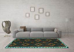 Machine Washable Southwestern Turquoise Country Area Rugs in a Living Room,, wshtr2731turq