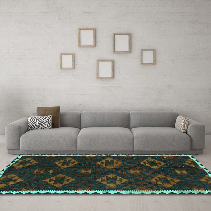 Machine Washable Southwestern Turquoise Country Area Rugs in a Living Room,, wshtr2731turq