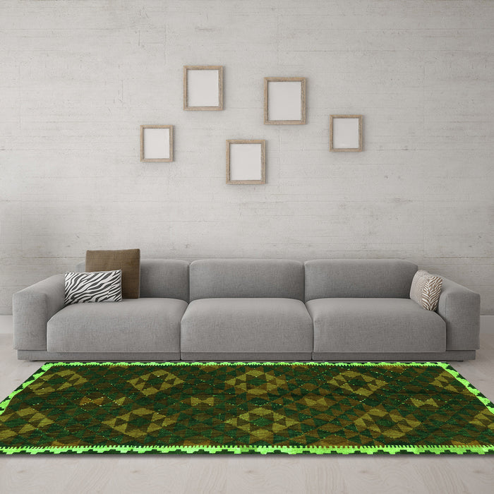 Machine Washable Southwestern Green Country Area Rugs in a Living Room,, wshtr2731grn