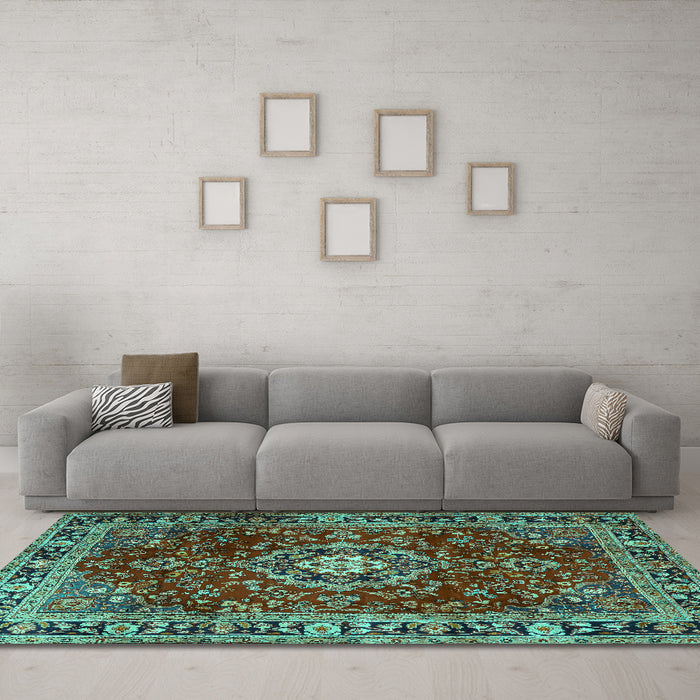 Machine Washable Persian Turquoise Traditional Area Rugs in a Living Room,, wshtr2732turq
