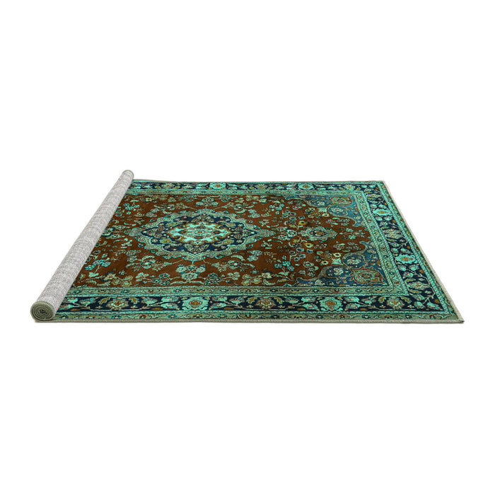 Sideview of Machine Washable Persian Turquoise Traditional Area Rugs, wshtr2732turq