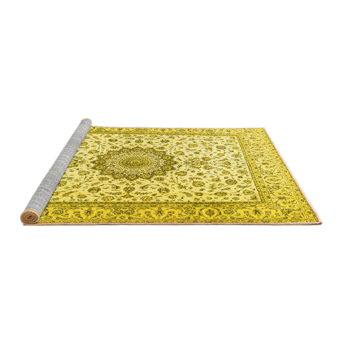 Sideview of Machine Washable Medallion Yellow Traditional Rug, wshtr2733yw