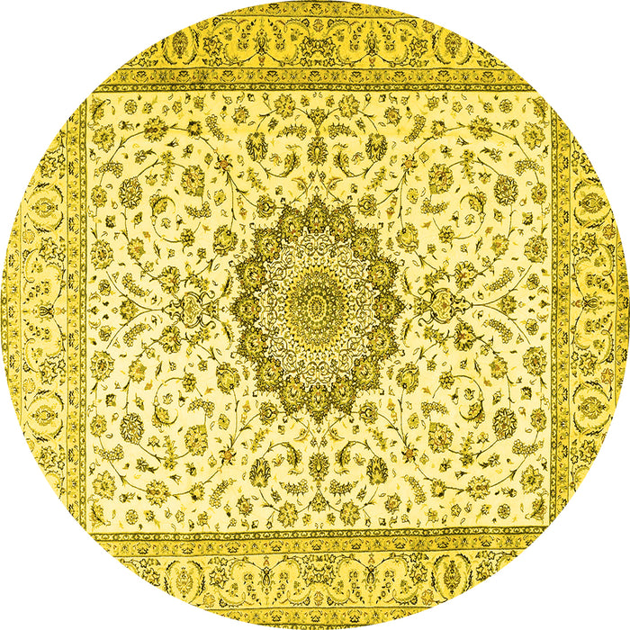 Round Machine Washable Medallion Yellow Traditional Rug, wshtr2733yw