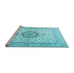 Sideview of Machine Washable Medallion Light Blue Traditional Rug, wshtr2733lblu