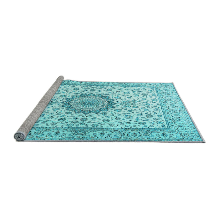 Sideview of Machine Washable Medallion Light Blue Traditional Rug, wshtr2733lblu