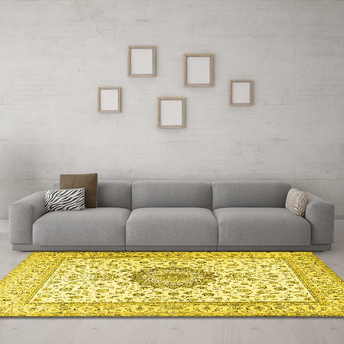 Machine Washable Medallion Yellow Traditional Rug in a Living Room, wshtr2733yw