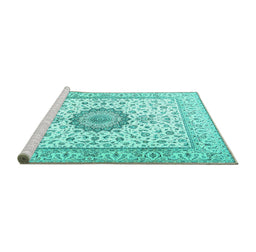 Sideview of Machine Washable Medallion Turquoise Traditional Area Rugs, wshtr2733turq