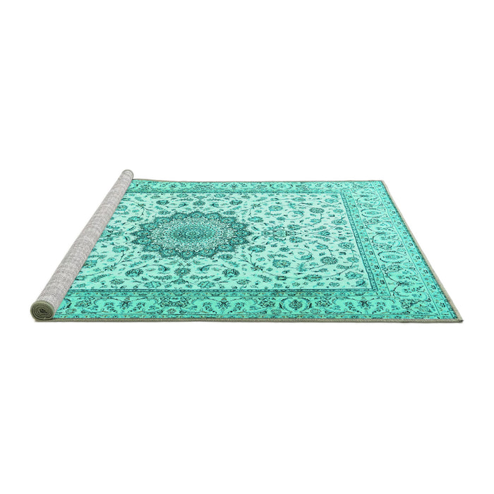 Sideview of Machine Washable Medallion Turquoise Traditional Area Rugs, wshtr2733turq