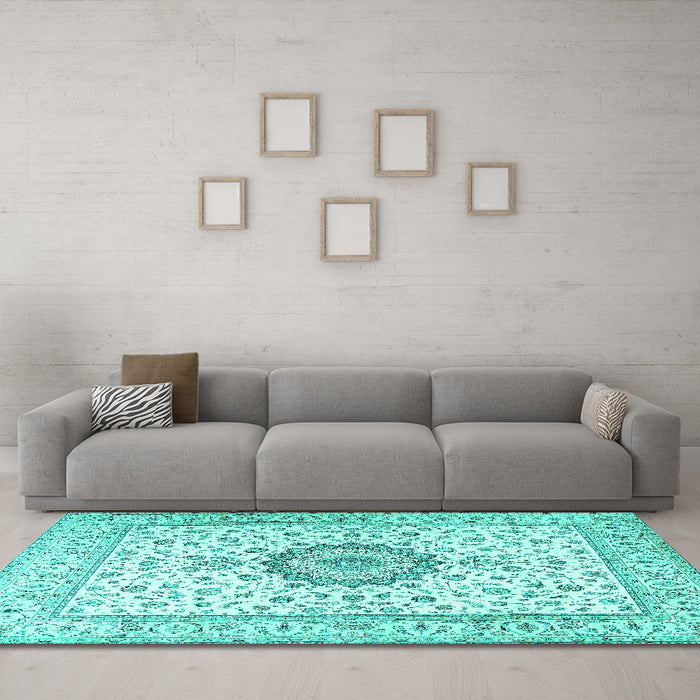 Machine Washable Medallion Turquoise Traditional Area Rugs in a Living Room,, wshtr2733turq