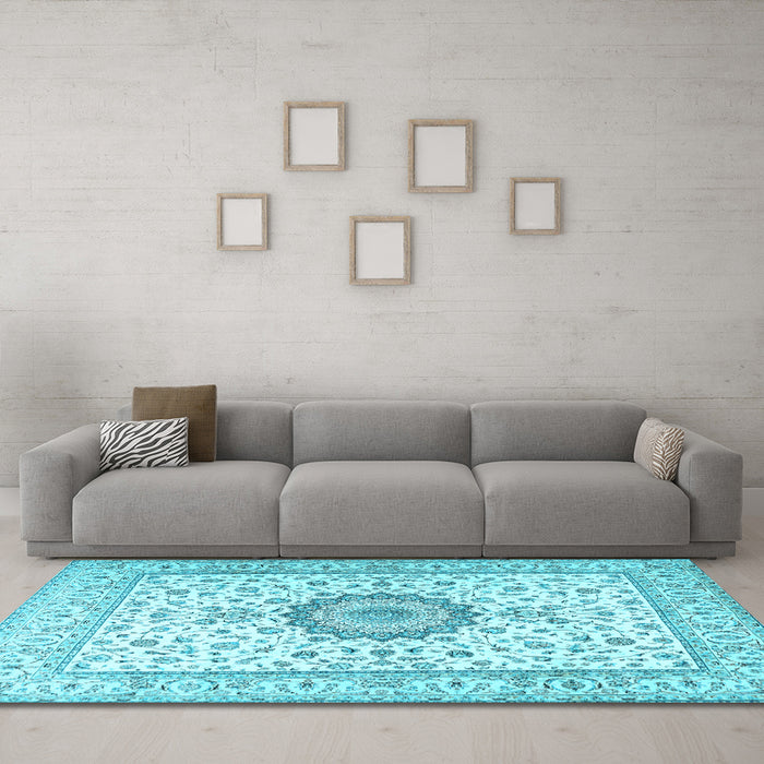 Machine Washable Medallion Light Blue Traditional Rug in a Living Room, wshtr2733lblu