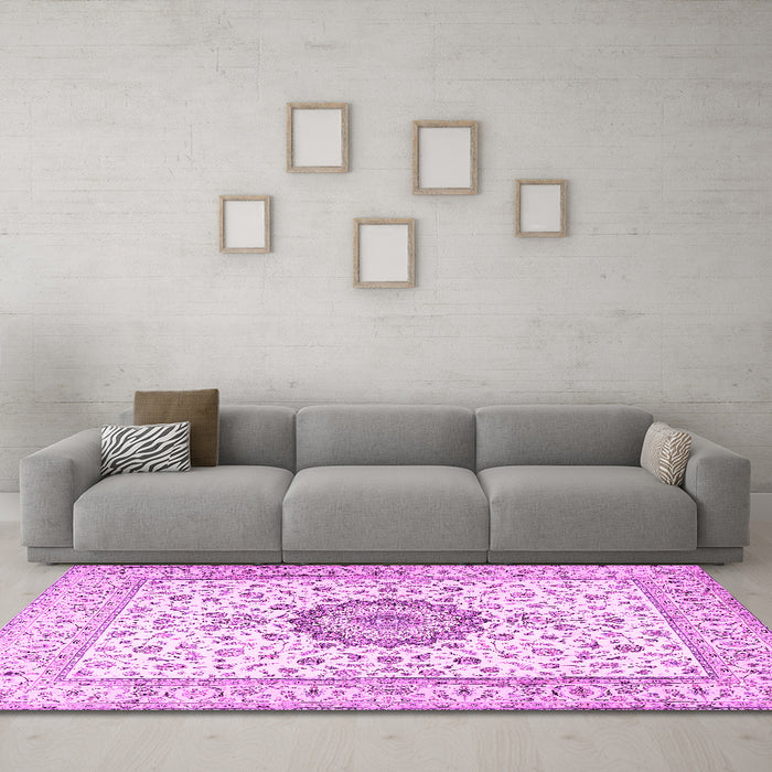 Machine Washable Medallion Pink Traditional Rug in a Living Room, wshtr2733pnk