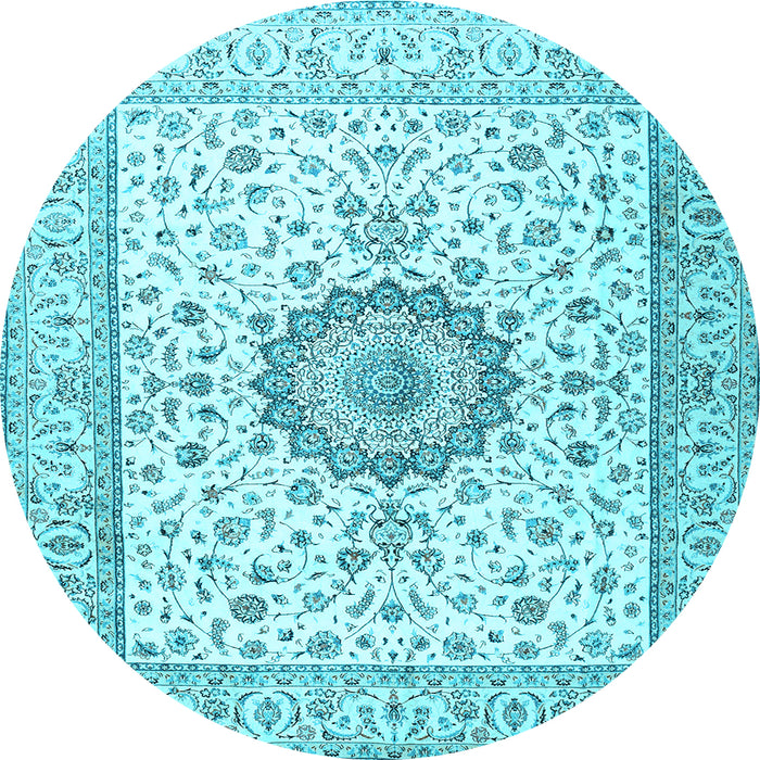 Round Machine Washable Medallion Light Blue Traditional Rug, wshtr2733lblu