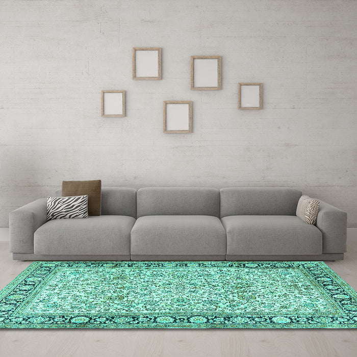Machine Washable Persian Turquoise Traditional Area Rugs in a Living Room,, wshtr2734turq
