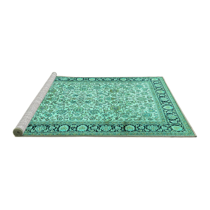 Sideview of Machine Washable Persian Turquoise Traditional Area Rugs, wshtr2734turq